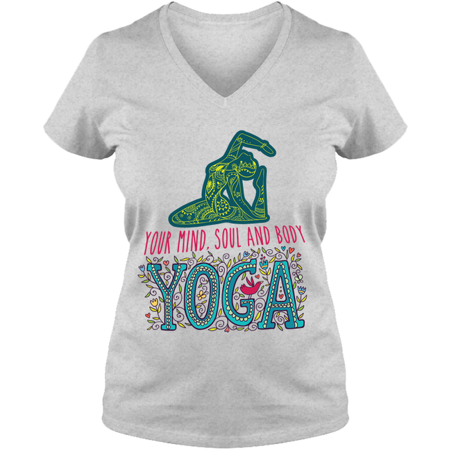 Your Mind Soul And Body Yoga Ladies V Neck Tee - DesignsByLouiseAdkins
